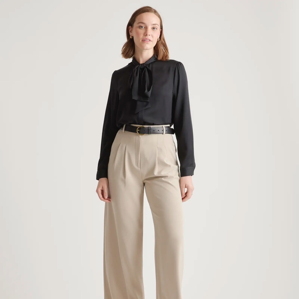 Quince Washable Stretch Silk Tie Neck Blouse